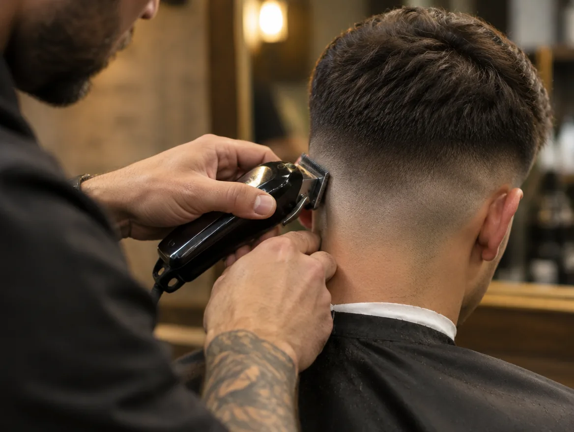 Barbero haciendo un fade con máquina