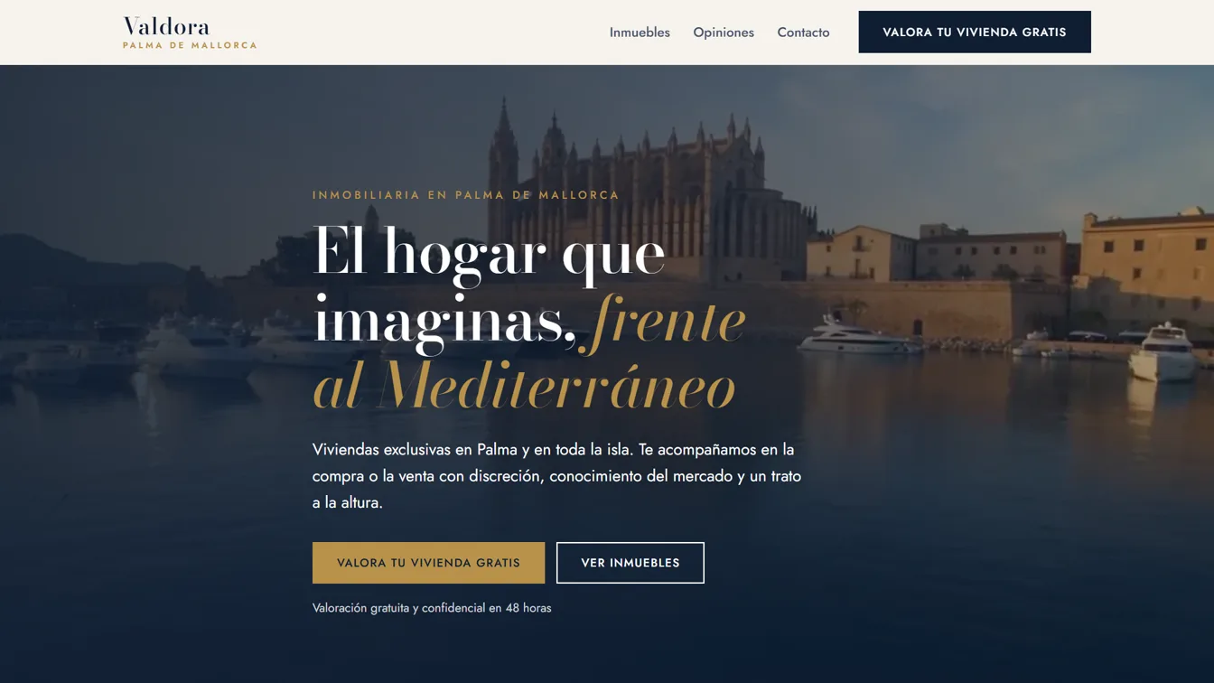Portada de la web conceptual de Valdora, inmobiliaria en Palma de Mallorca